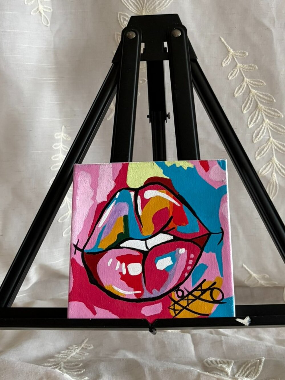 Hand Painted Colorful Abstract Lips Acrylic Canvas 6x6